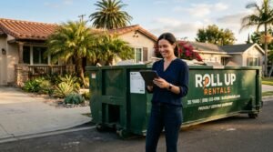 Blog 1 Homeowner reviewing transparent dumpster rental pricing with Roll Up Rentals dumpster in Los Angeles driveway