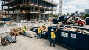 Blog 4 Construction workers managing waste disposal with dumpster rental and organized debris piles on jobsite