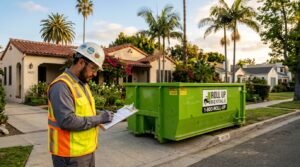 Blog 2 Worker reviewing dumpster permit Los Angeles requirements with green Roll Up Rentals container on residential driveway
