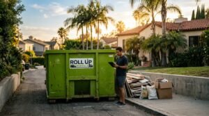 Blog 3 Roll Up Rentals green dumpster in Los Angeles residential driveway for home renovation project