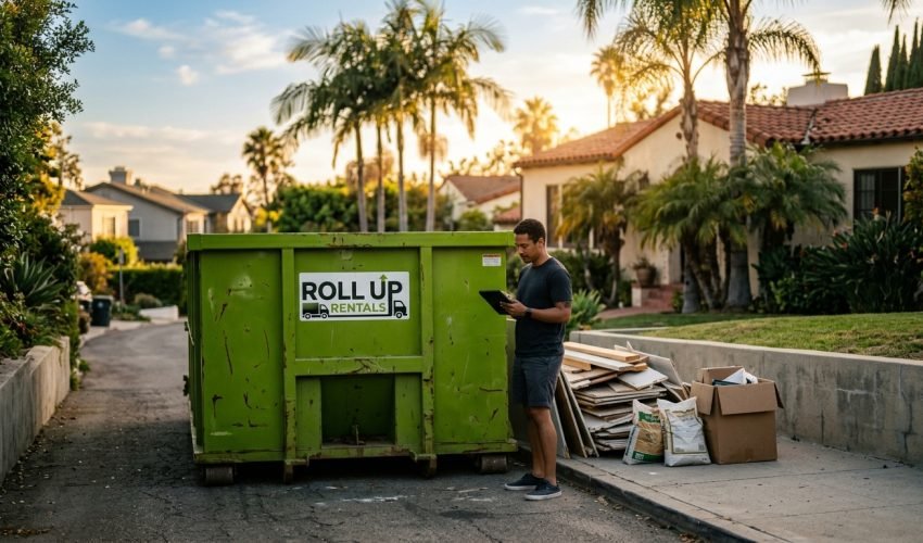 Roll Up Rentals green dumpster in Los Angeles residential driveway for home renovation project